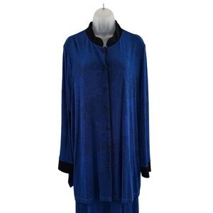 Vintage Maggie Barnes Jacket Skirt Set Womens 2X & 1X Blue Floral Jacquard Knit